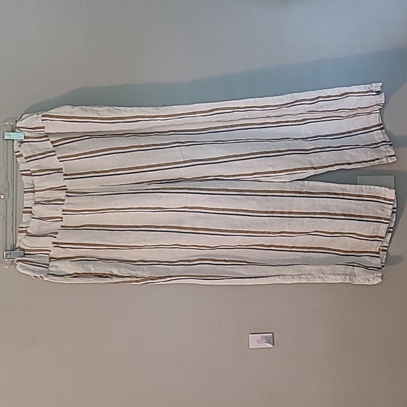 Angela Mara Linen White Tan Blue Striped Pull-on Wide Pants Popover Top Tie Sz L - Picture 6 of 16